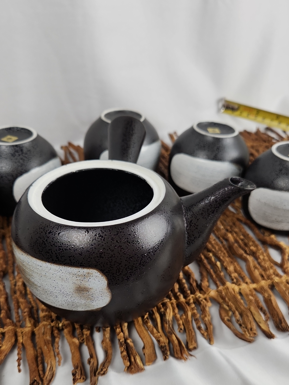New Japanese Kyusu Tea Pot + 5 Tea Cups Matte Black Unused - Picture 6 of 11